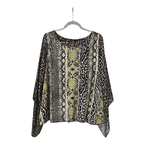 Alfani Womens 0X Blouse Brown Lime Green Bubble Hem Seer Flare Sleeves Animal - Picture 1 of 9